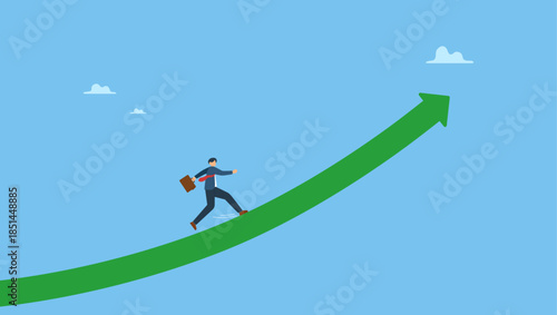 Confidence businessman in suit with briefcase running on rising arrow to the sky. Improvement in work, career path to grow, achievement and success in job or leadership to win business.