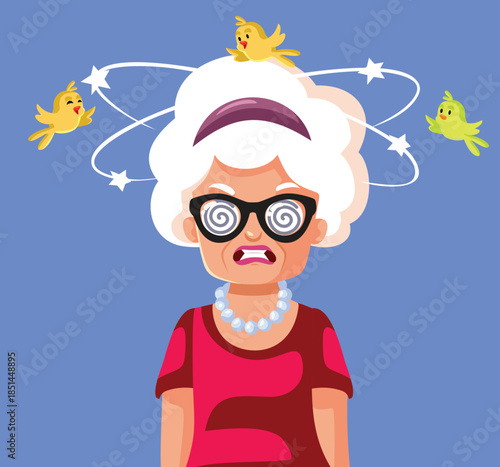 Dizzy Disoriented Elderly Woman Vector Cartoon Illustration. Stressed senior lady feeling disoriented suffering from vertigo  

