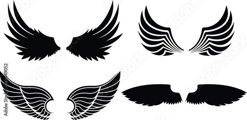 Four Pairs Of Stylized Black Wings On White Background