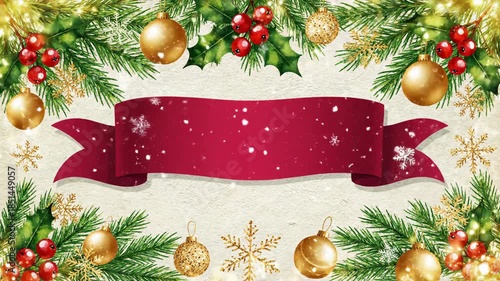 Festive holiday background with christmas ornaments, pine branches and a customizable banner space