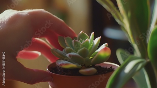 Tender touch, Nurturing the succulent's beauty with care and gentleness in natural light