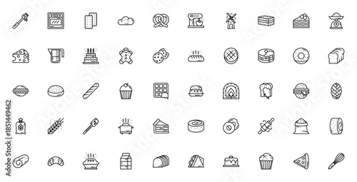 Bakery icon set. Vector illustration. Includes pastry, oven, biscuit, loaf, pretzel, mixer, cake, bread, donut, cupcake, waffle, pie, croissant, pizza and more.