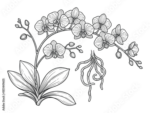 Detailed vector drawing of an orchid plant featuring flowers, leaves, roots, and buds in black and white.