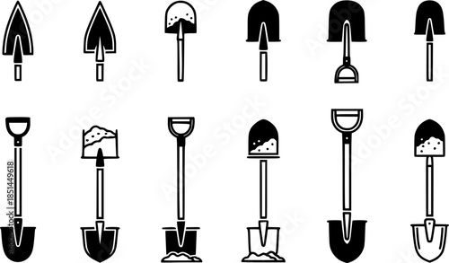 Set of shovel vector icons. Spade for dig. Farming tool. Garden instrument. Vector 10 Eps.
