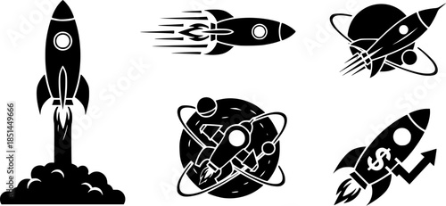 Set of rocket vector icons. Launch spaceship or spacecraft. Rocket fast flying for space. New business start up.
