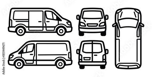 Detailed vector illustration of a delivery van shown from the side, front, top, and back views.
