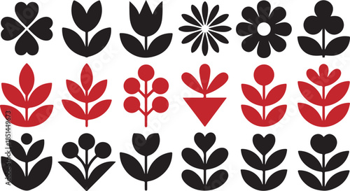 A delightful collection of stylized botanical and floral decorative folk art motifs