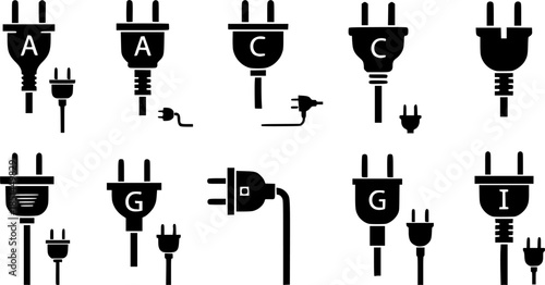 Set of electric plug vector icons on white background. Electrical cord or cable. Electric power. Vector 10 EPS.
