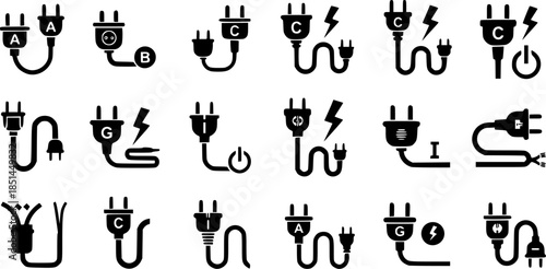 Set of electric plug vector icons on white background. Electrical cord or cable. Electric power. Vector 10 EPS.
