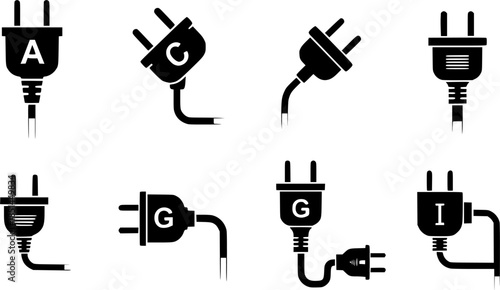 Set of electric plug vector icons on white background. Electrical cord or cable. Electric power. Vector 10 EPS.
