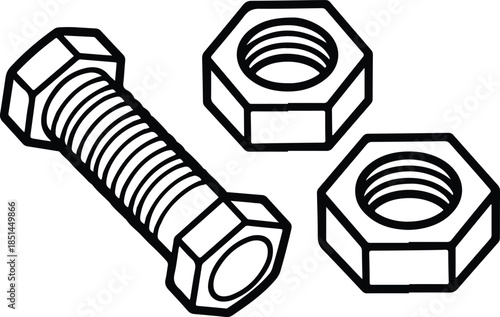 Essential mechanical fasteners a bolt and two hexagonal nuts for assembly