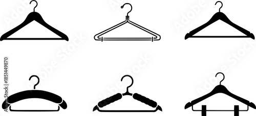 Set of clothes hanger vector icons. Hanger for cloakroom or closet. Hang for coat, shirt or suit. Vector 10 EPS.
