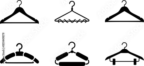 Set of clothes hanger vector icons. Hanger for cloakroom or closet. Hang for coat, shirt or suit. Vector 10 EPS.
