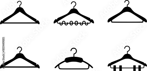 Set of clothes hanger vector icons. Hanger for cloakroom or closet. Hang for coat, shirt or suit. Vector 10 EPS.
