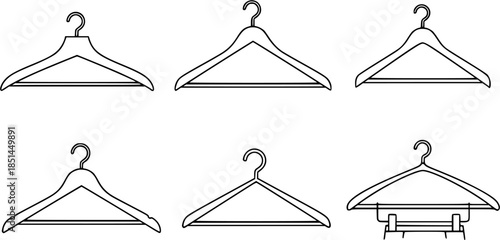 Set of clothes hanger vector icons. Hanger for cloakroom or closet. Hang for coat, shirt or suit. Vector 10 EPS.
