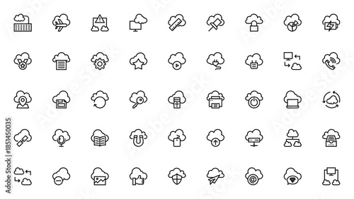 Cloud computing icon set. Vector illustration pack. Includes symbols for cloud, data, storage, network, server, technology, security and more. Editable stroke.