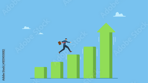 Confidence businessman jumping on moving up bar graph with rising up arrow as ladder of success. Economic prosperity, business profit growth or career path and income increase.
