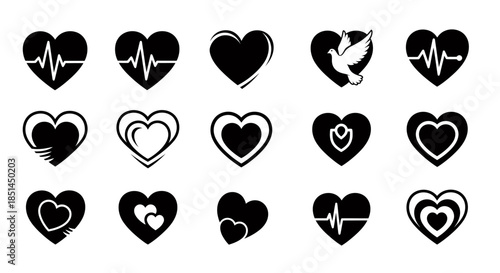 A modern set of black vector heart symbols featuring diverse designs like heartbeat lines and layered shapes, ideal for graphic design.