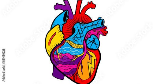 A vibrant and colorful vector illustration showcasing a detailed anatomical heart, ideal for medical, educational, and artistic projects, rendered on a clean white background.