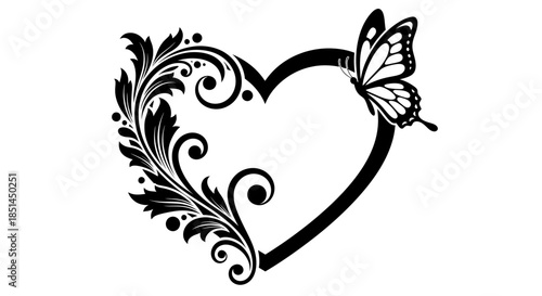 An elegant black and white vector illustration features a decorative heart shape adorned with intricate floral patterns and a delicate butterfly.