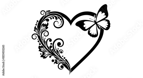 A decorative heart vector featuring a butterfly and floral ornament, perfect for Valentine's Day designs, wedding invitations, and romantic themed graphic projects.