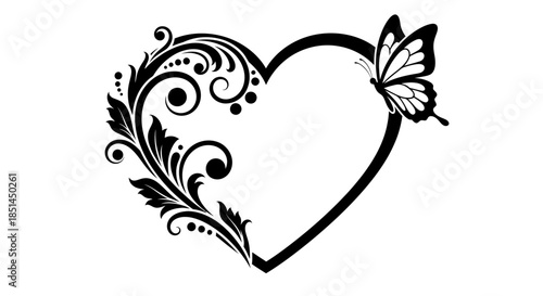 A beautifully crafted vector illustration showcases an elegant heart design adorned with intricate floral patterns and a delicate butterfly, perfect for romantic and decorative projects.