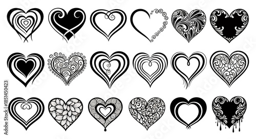 A collection of elegant vector hearts in various intricate designs, perfect for adding a touch of romance and artistic flair to any digital or print project, ideal for Valentine's Day.