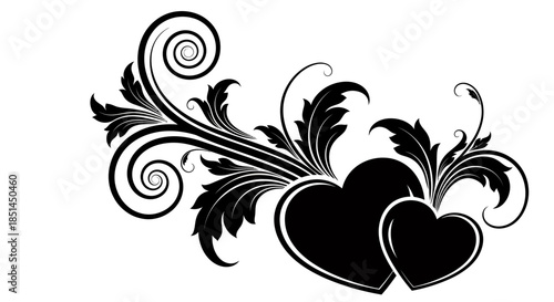 A beautiful vector illustration showcases two intertwined hearts, adorned with elegant floral flourishes and swirling patterns, perfect for romantic designs and decorative elements.