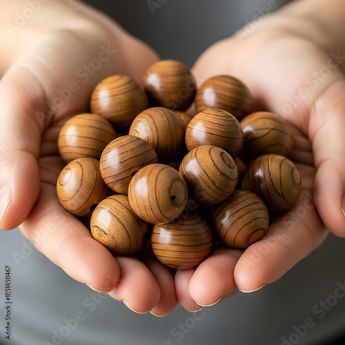 Wooden Spheres held Gently in Hands Showing Wood Grain Texture