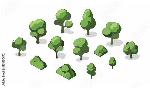 Isometric Garden and Park Plants Vector Collection with Green Trees