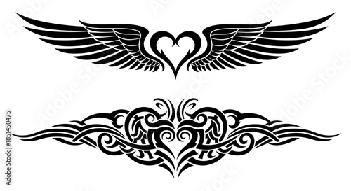 Two intricate black tribal tattoo designs featuring stylized hearts and elegant wings, perfect for graphic embellishments or decorative elements on various products.