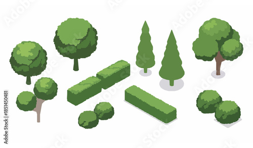 Isometric Park Plants Vector Set Green Trees and Bushes Isolated on White