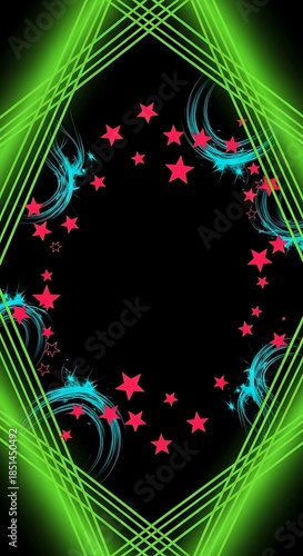 Vibrant Neon Edge with Sparkling Starbursts for Cosmic Designs