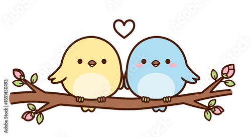 Two adorable cartoon birds, one yellow and one blue, perched on a branch under a heart, creating a sweet and simple vector illustration for various uses.