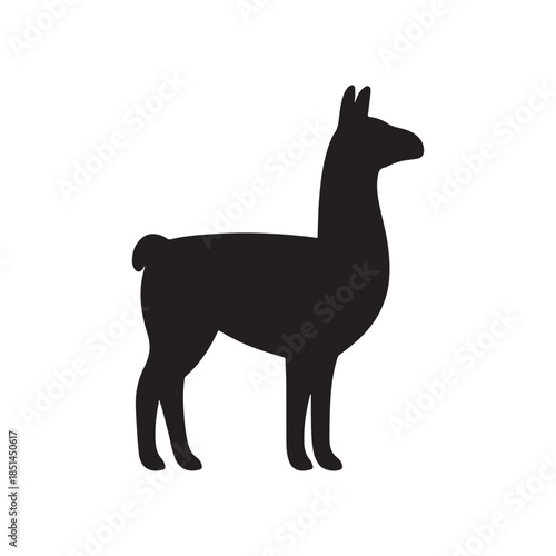 A simple black silhouette of a llama standing in profile view