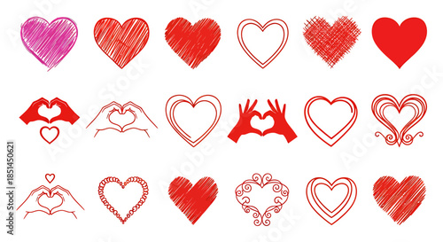A vibrant collection of hand-drawn and scribbled heart vector illustrations, perfect for expressing love, romance, and affection in various design projects.