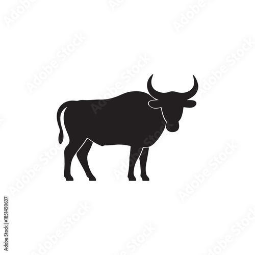 A simple silhouette of a bull standing in a side profile view