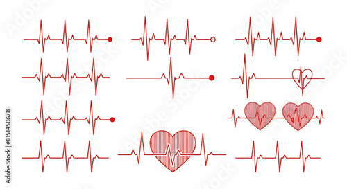 A clean vector illustration features a diverse collection of red electrocardiogram lines, some integrating decorative heart shapes, ideal for medical or romantic themes.