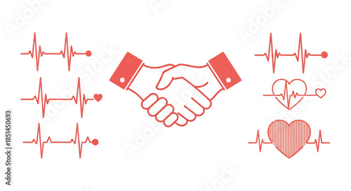 A vector illustration presents a collection of red heartbeat lines with a handshake symbol and a heart, ideal for medical, health, and business-related designs.
