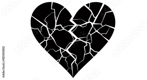 A stark black vector graphic illustrates a heart shattered into numerous jagged pieces, symbolizing heartbreak, loss, or emotional distress.