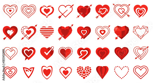 A collection of various red heart vector illustrations, perfect for Valentine's Day, romantic designs, love-themed projects, and expressing affection with different styles.