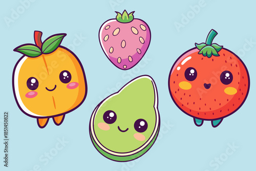 Kawaii Fruit Sticker Collection with Sweet Expressions, Cute Pastel Fruit Characters Set: Apple, Orange, and Dragon Fruit, Adorable Vector Fruit Doodles with Happy Faces, Minimalist Sweet Fruit Sticke