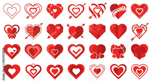 A collection of diverse red heart icons and design elements in vector format, perfect for Valentine's Day, love-themed graphics, or expressing affection in digital art.