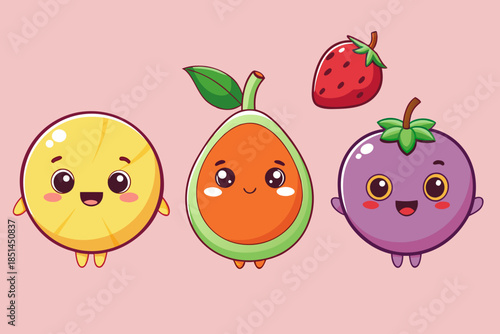 Kawaii Fruit Sticker Collection with Sweet Expressions, Cute Pastel Fruit Characters Set: Apple, Orange, and Dragon Fruit, Adorable Vector Fruit Doodles with Happy Faces, Minimalist Sweet Fruit Sticke