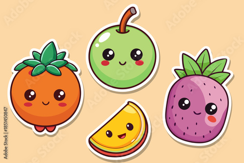 Kawaii Fruit Sticker Collection with Sweet Expressions, Cute Pastel Fruit Characters Set: Apple, Orange, and Dragon Fruit, Adorable Vector Fruit Doodles with Happy Faces, Minimalist Sweet Fruit Sticke