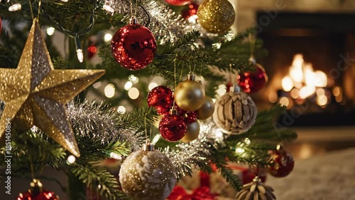 Warm Christmas Ambience with Fireplace and Decorated Tree in a Cozy Home Environment