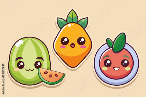 Kawaii Fruit Sticker Collection with Sweet Expressions, Cute Pastel Fruit Characters Set: Apple, Orange, and Dragon Fruit, Adorable Vector Fruit Doodles with Happy Faces, Minimalist Sweet Fruit Sticke