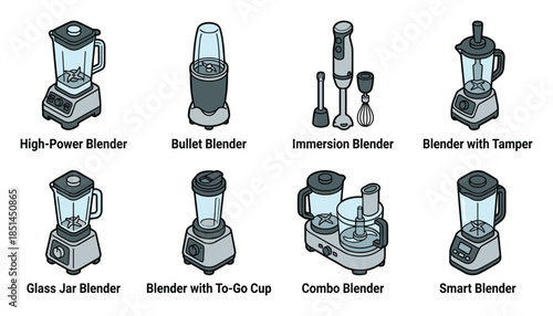 Different styles of blenders. High-power, bullet, immersion, tamper, glass, to-go, combo, smart blender.