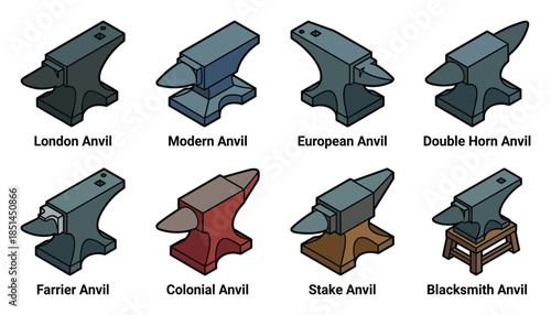 Different types of anvils. Vector illustration of London, Modern, European, Farrier, Colonial, Stake Anvil