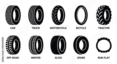Different types of vehicle tires including car, truck, motorcycle, bicycle, tractor and more.